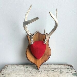 Vintage Deer Antler Mount 4 Point Rack Red Felt Shield Wood Plaque Wall Decor